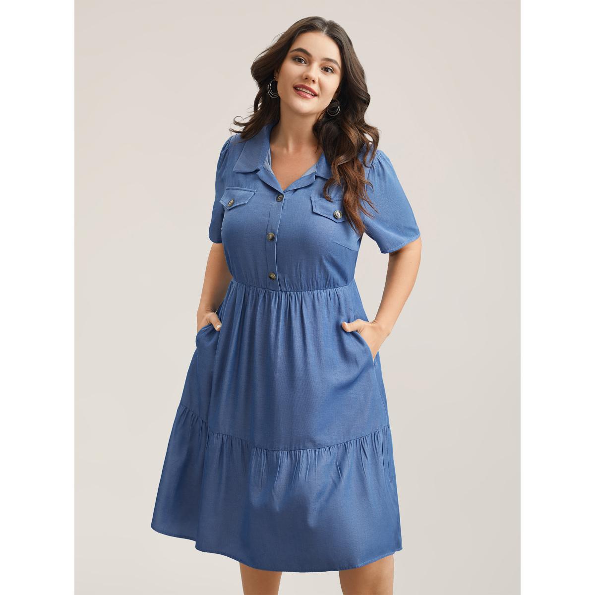 Plus Size Fake Denim Stretchy-Waist Placket Midi Dress LightBlue Women Casual Button Shirt collar Short sleeve Curvy BloomChic 10/M Product Image