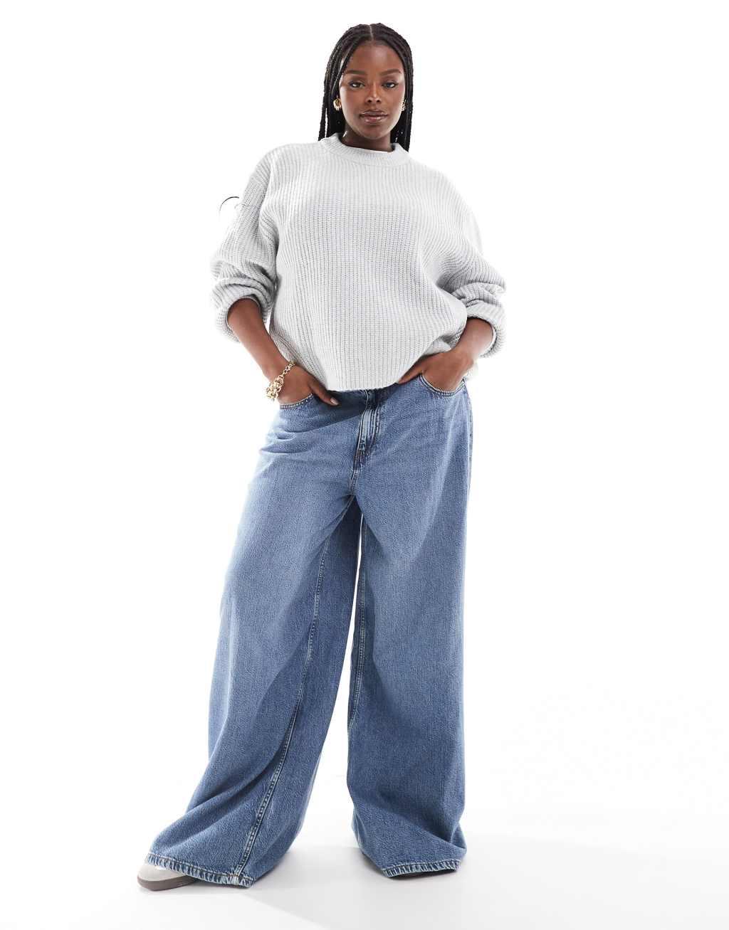 ASOS DESIGN Curve chunky crew neck rib sweater in light gray Product Image