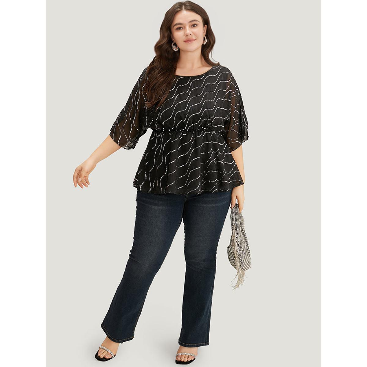 Plus Size Black Chiffon Rhinestone Mesh Patchwork Elastic Waist Blouse Women Glamour Half Sleeve Round Neck Going out Blouses BloomChic 14-16/1X Product Image