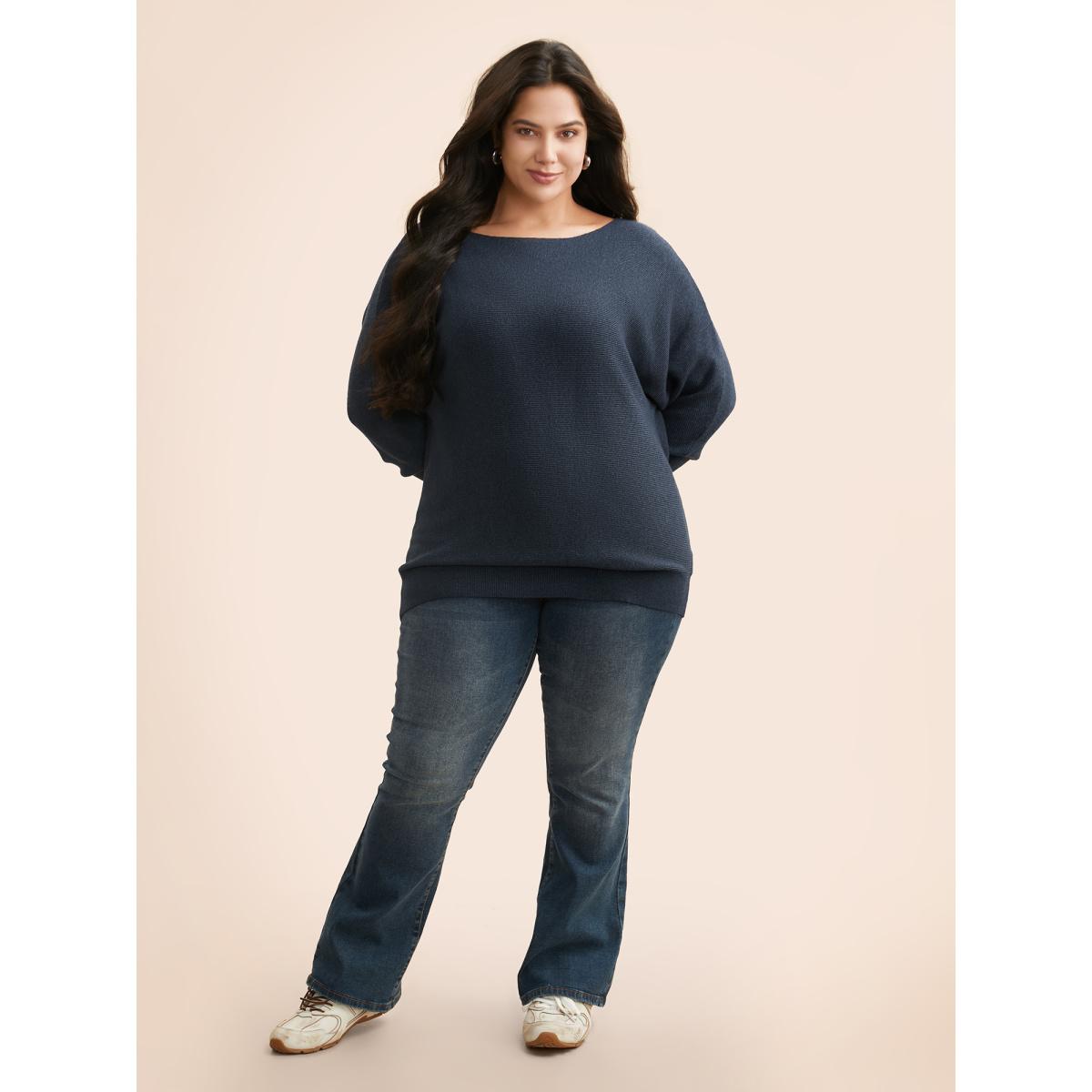 Plus Size Supersoft Dolman Sleeve Pullover Indigo Women Casual Loose Long Sleeve Boat Neck Everyday Pullovers BloomChic 22-24/3X Product Image