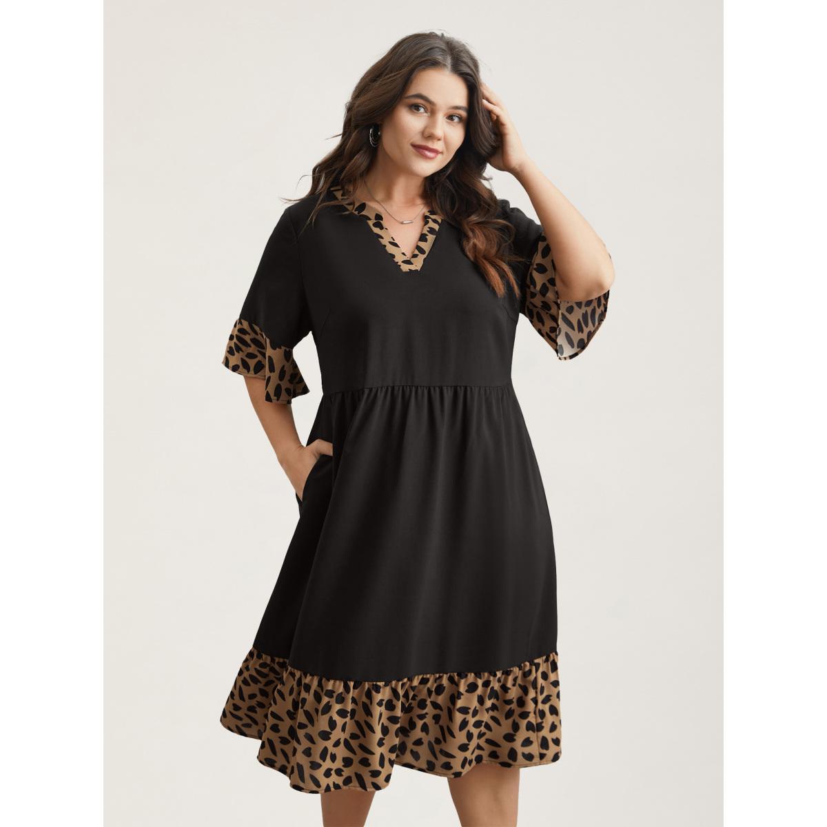Plus Size Leopard Print Spliced Tiered Midi Dress Black Women Casual Patchwork Flat collar Half Sleeve Curvy BloomChic 18-20/2X Product Image