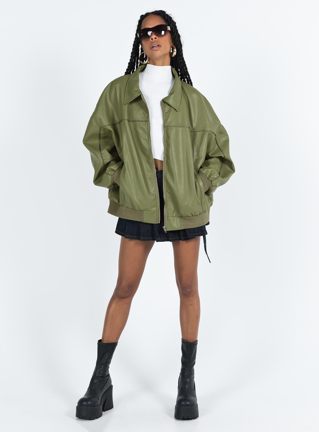 Goldsmith Faux Leather Bomber Jacket Green Product Image