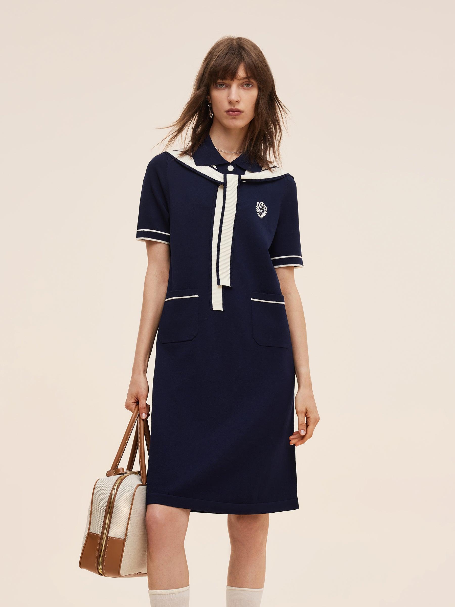 Tencel Blend Women Knit Mini Dress With Detachable Sailor Collar Product Image