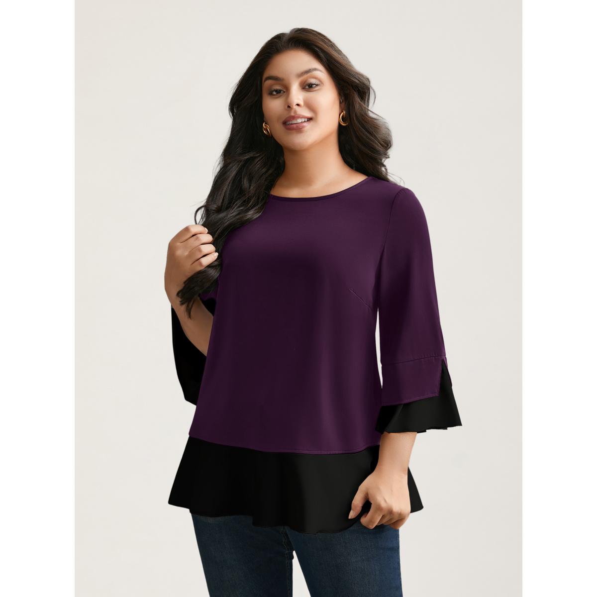 Plus Size Deeppurplered Contrast Patchwork Bell Sleeve Blouse Women Elegant Elbow-length sleeve Round Neck Everyday Blouses BloomChic 18-20/2X Product Image
