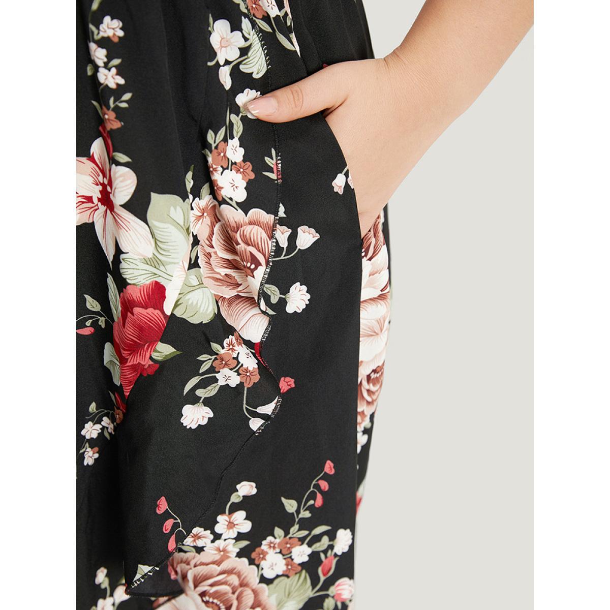Plus Size Floral Print Pocket Asymmetrical Hem Cold Shoulder Dress Black Women Elegant Elastic Waist Cold Shoulder Short sleeve Curvy Midi Dress BloomChic 26/4X Product Image