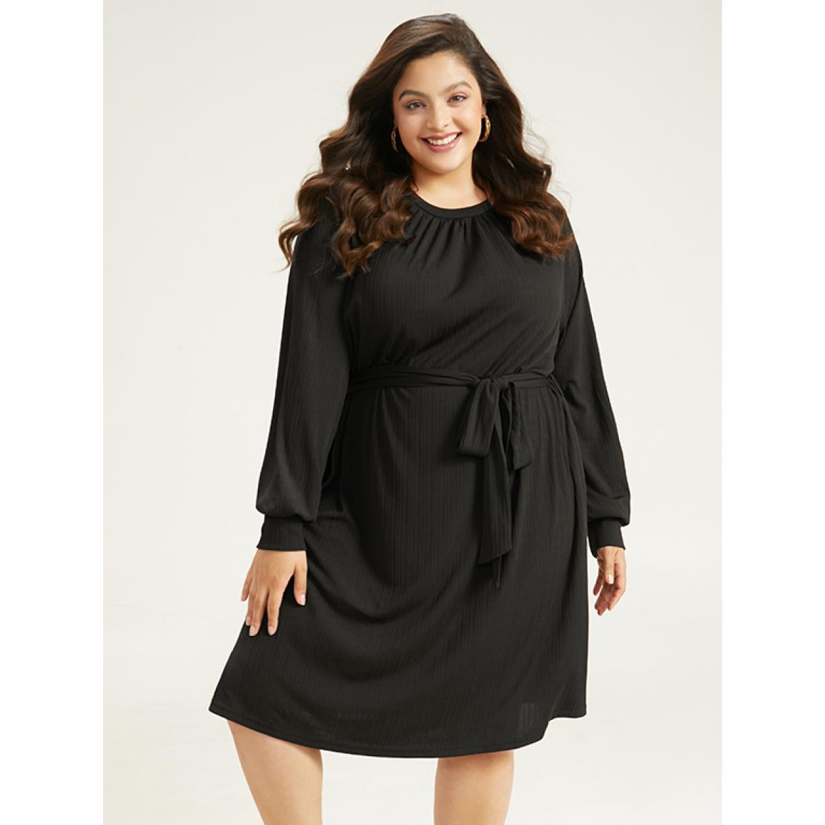 Plus Size Rib Knit Solid Pocket Pleated Belted Dress Black Women Casual Plain Round Neck Long Sleeve Curvy Midi Dress BloomChic 10/M Product Image