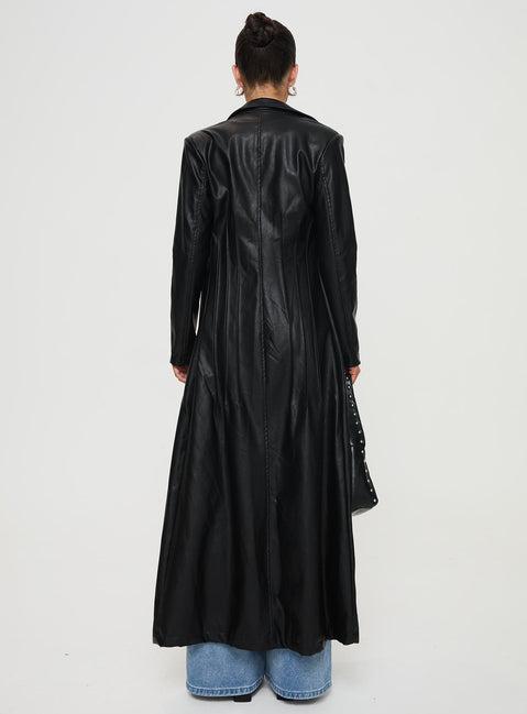 Speak Easy Long Line Faux Leather Coat Black Product Image