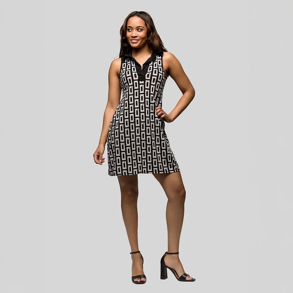 Women's 24Seven Comfort Apparel Collared Black & White Sleeveless Mini Dress, Size: Small, Black Team Product Image
