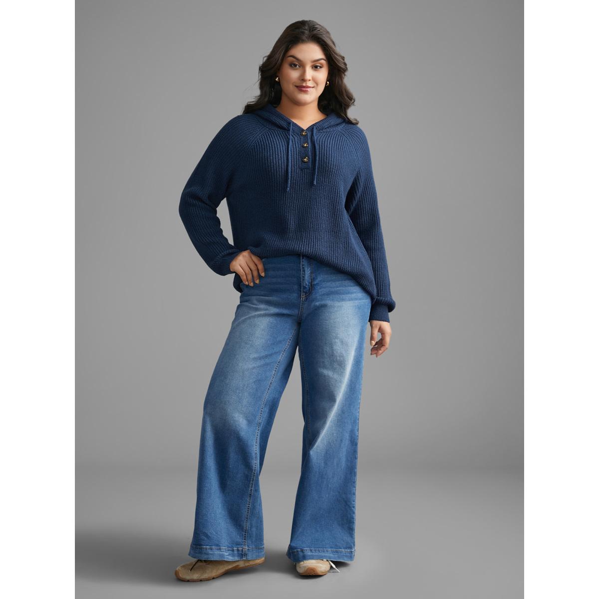 Plus Size Plain Button Up Hooded Pullover Indigo Women Casual Loose Long Sleeve Hooded Everyday Pullovers BloomChic 10/M Product Image