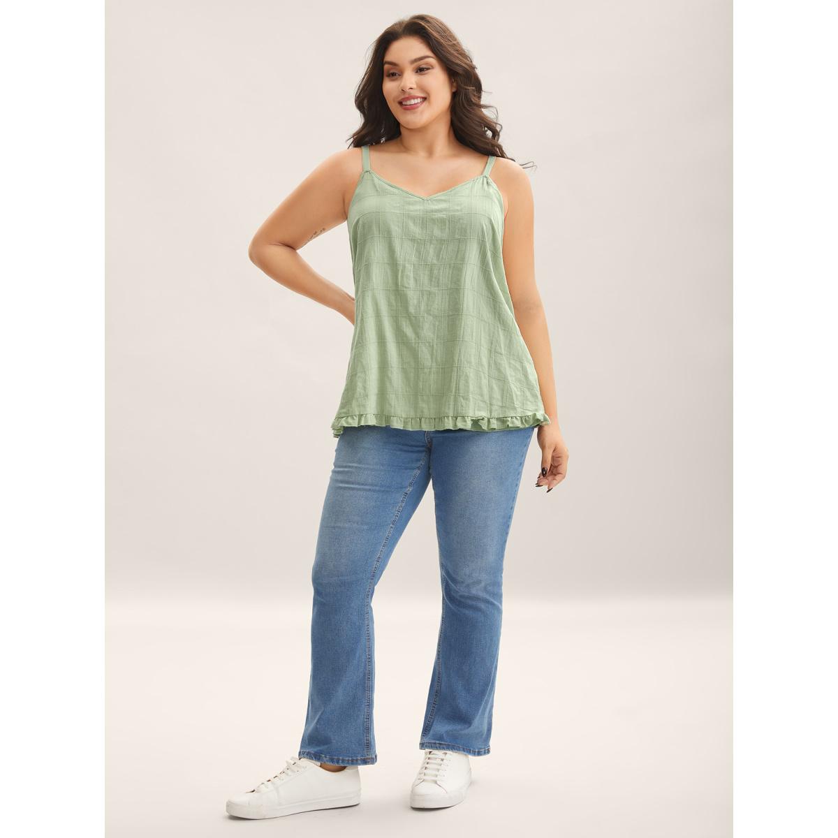 Plus Size Cotton Textured Ruffled Hem Tank Top Women Greenbean Texture V-neck Everyday-Casual Tank Tops Camis BloomChic 22-24/3X Product Image