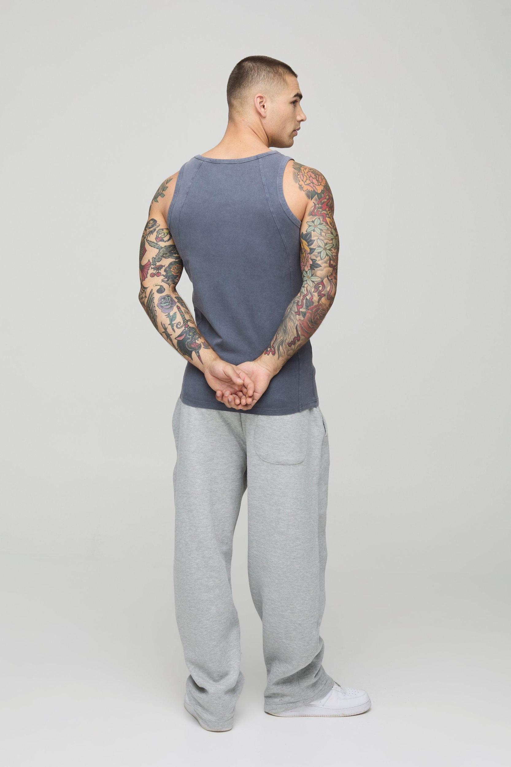 Muscle Fit Panelled Acid Wash Vest | boohooMAN USA Product Image