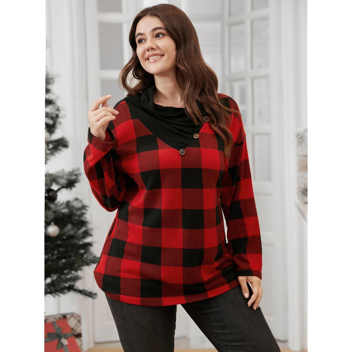 Plus Size Plaid Patchwork Button Detail Cowl Neck 2-In-1 Sweatshirt Women Red Casual Patchwork Cowl Neck Festival-Christmas Sweatshirts BloomChic 10/M Product Image