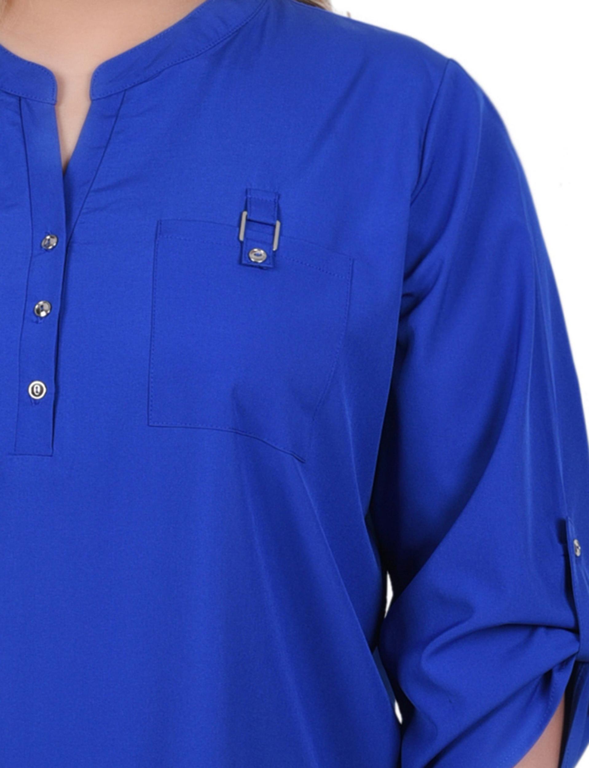Blue 3/4 Tabbed Sleeve Y Neck Blouse - Plus Size Product Image