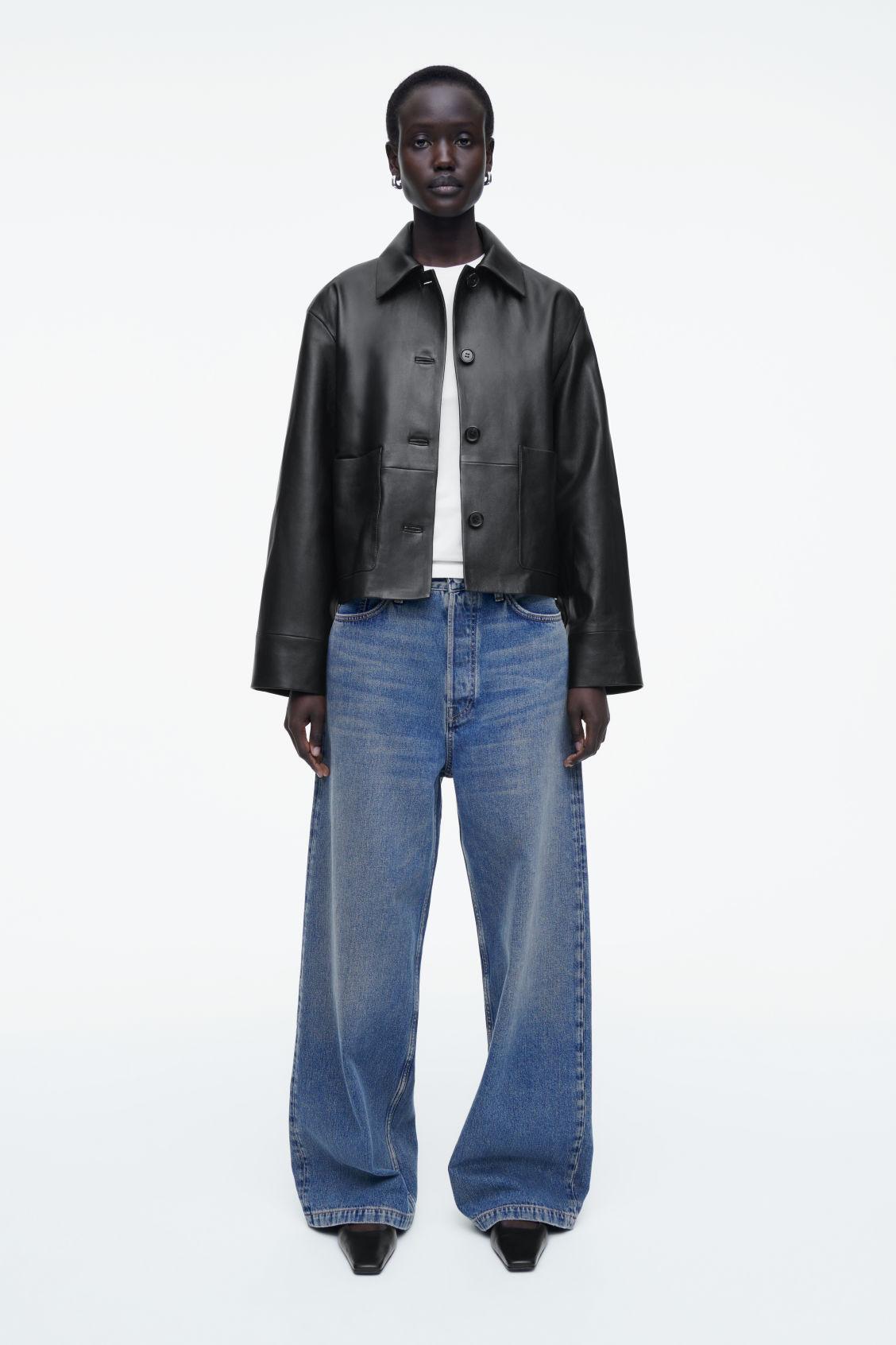 BOXY COLLARED LEATHER JACKET Product Image