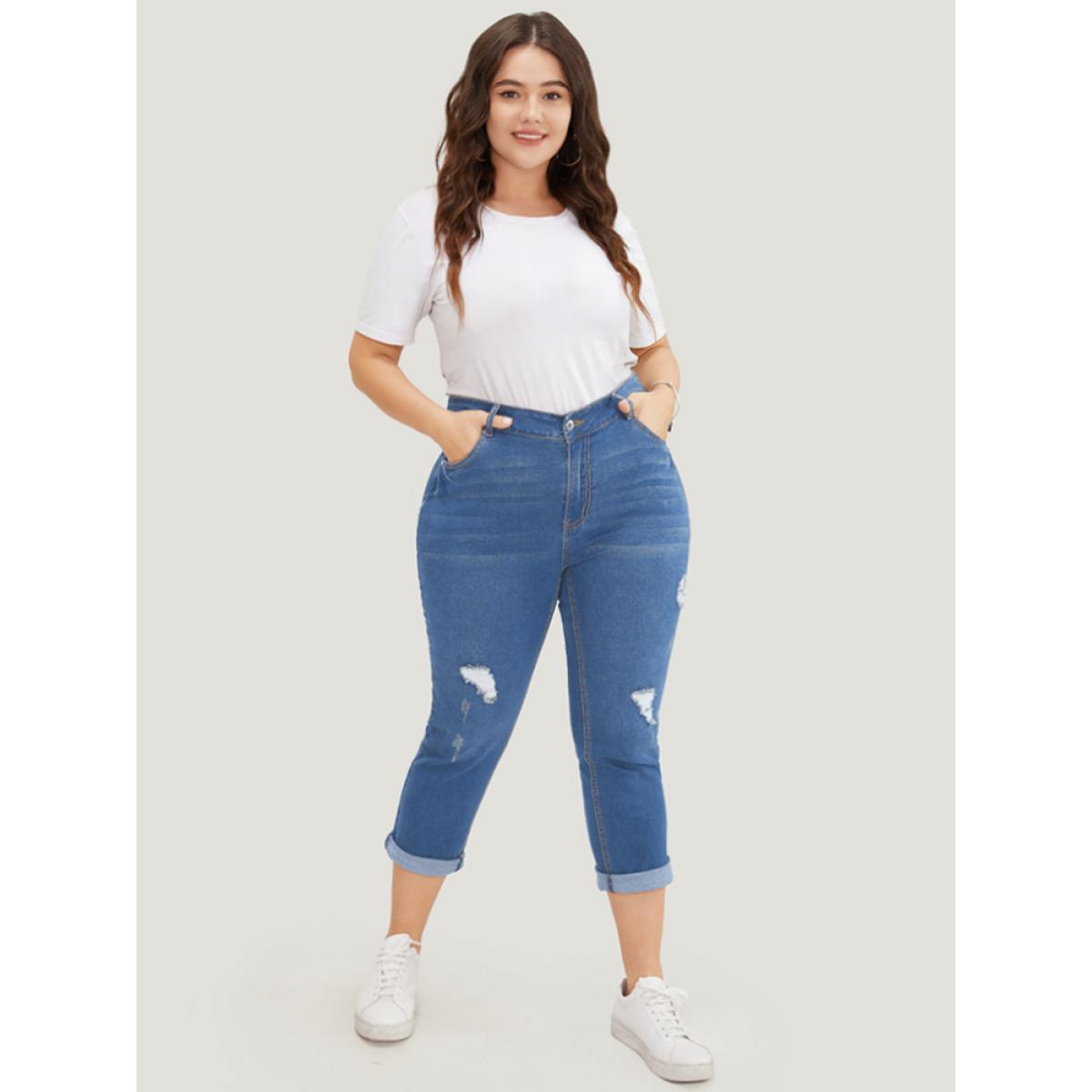 Plus Size Very Stretchy Dark Wash Roll Hem Cropped Jeans Women Blue Casual Plain Distressed High stretch Patch pocket Jeans BloomChic 18/2X Product Image