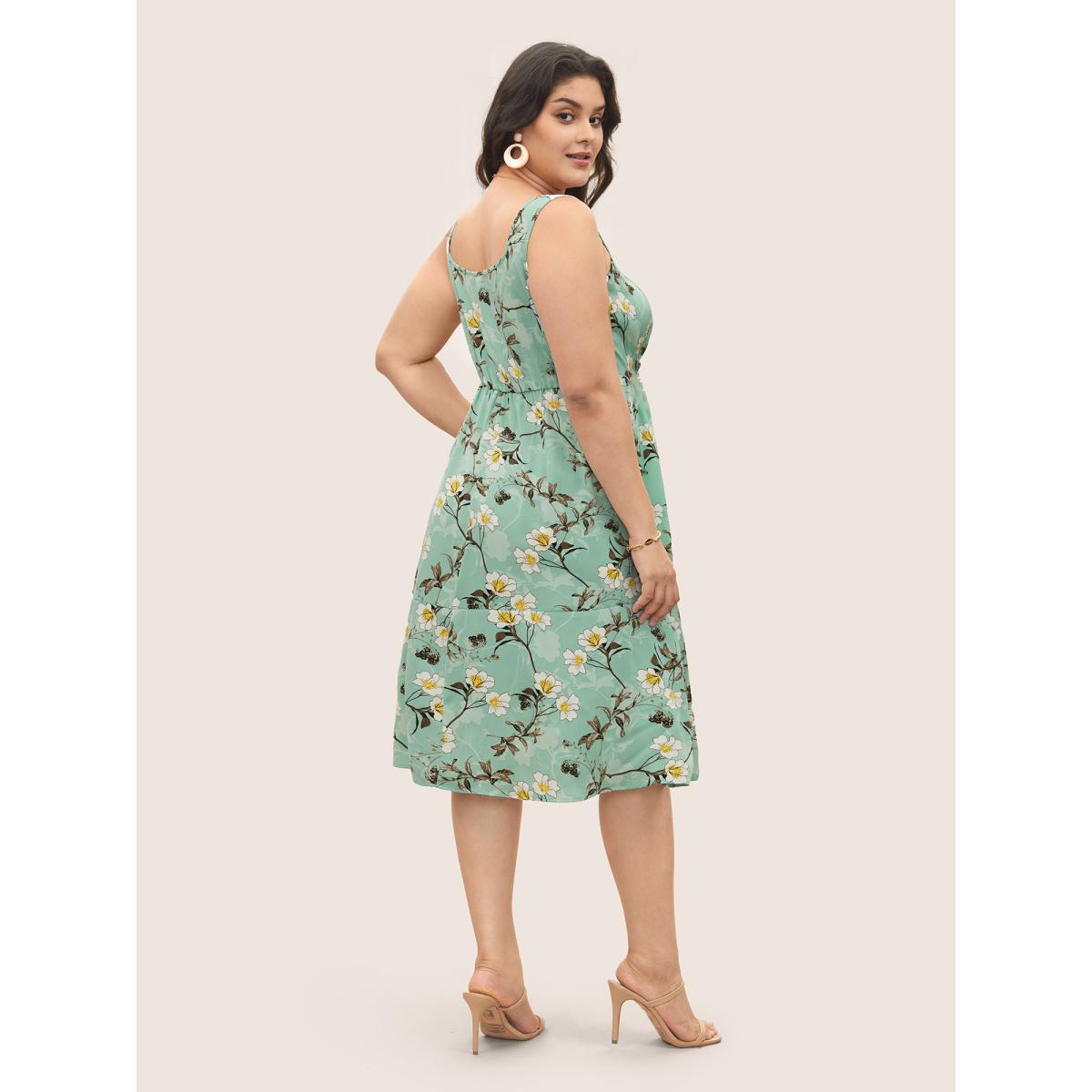 Plus Size Floral Print Square Neck Pocket Tank Dress Mint Women Elegant Non Square Neck Sleeveless Curvy Midi Dress BloomChic 10/M Product Image