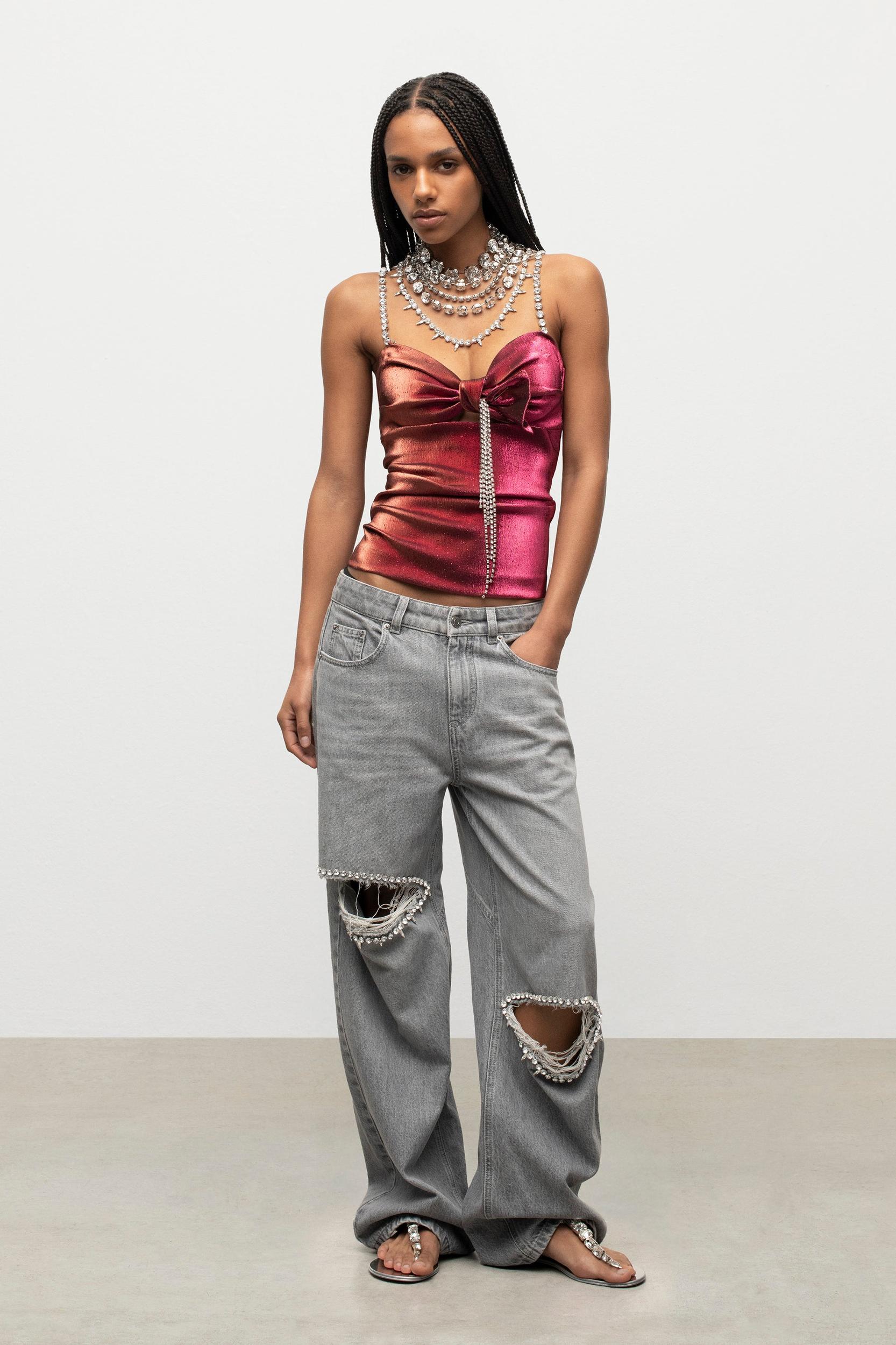 Crystal Embellished Stretch Lame Cutout Top Product Image