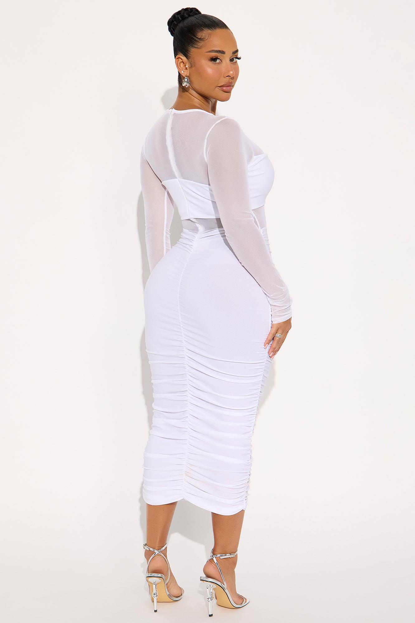 Miss Me Mesh Ruched Midi Dress - White Female Product Image