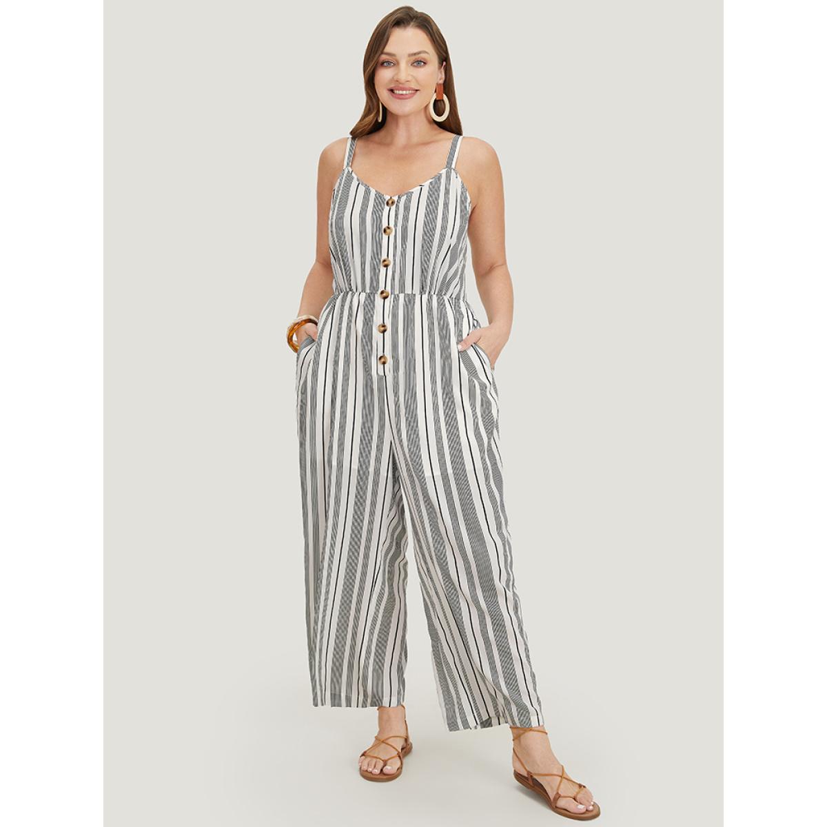Plus Size White Striped Print Button Pocket Detail Cami Jumpsuit Women Vacation Sleeveless Spaghetti Strap Dailywear Loose Jumpsuits BloomChic 22-24/3X Product Image