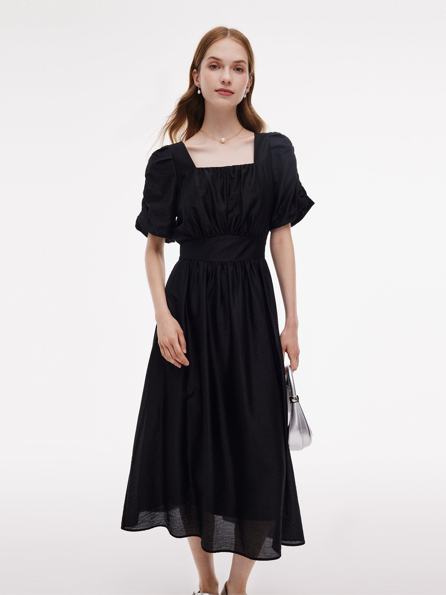Tencel Blend Square Neck Women Puff Sleeve Maxi Dress Product Image