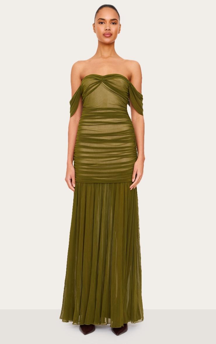 Olive Mesh Bardot Ruched Detail Maxi Dress Product Image