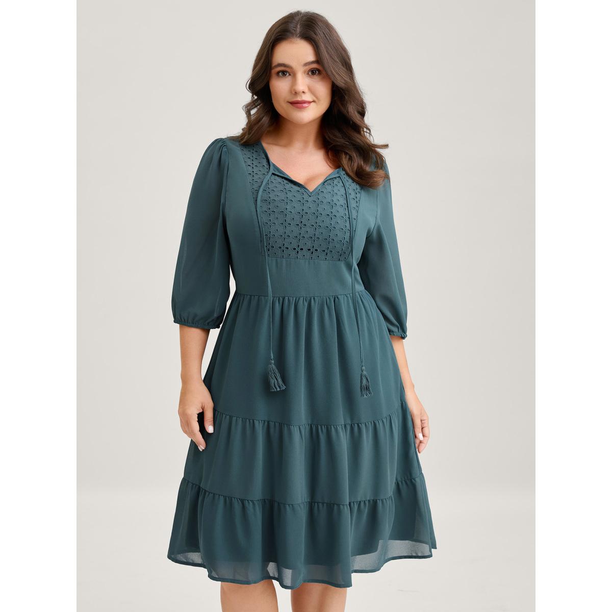 Plus Size Texture Tiered Tassel Solid Midi Dress Cyan Women Timeless Tie knot Flat collar Long Sleeve Curvy BloomChic 22-24/3X Product Image