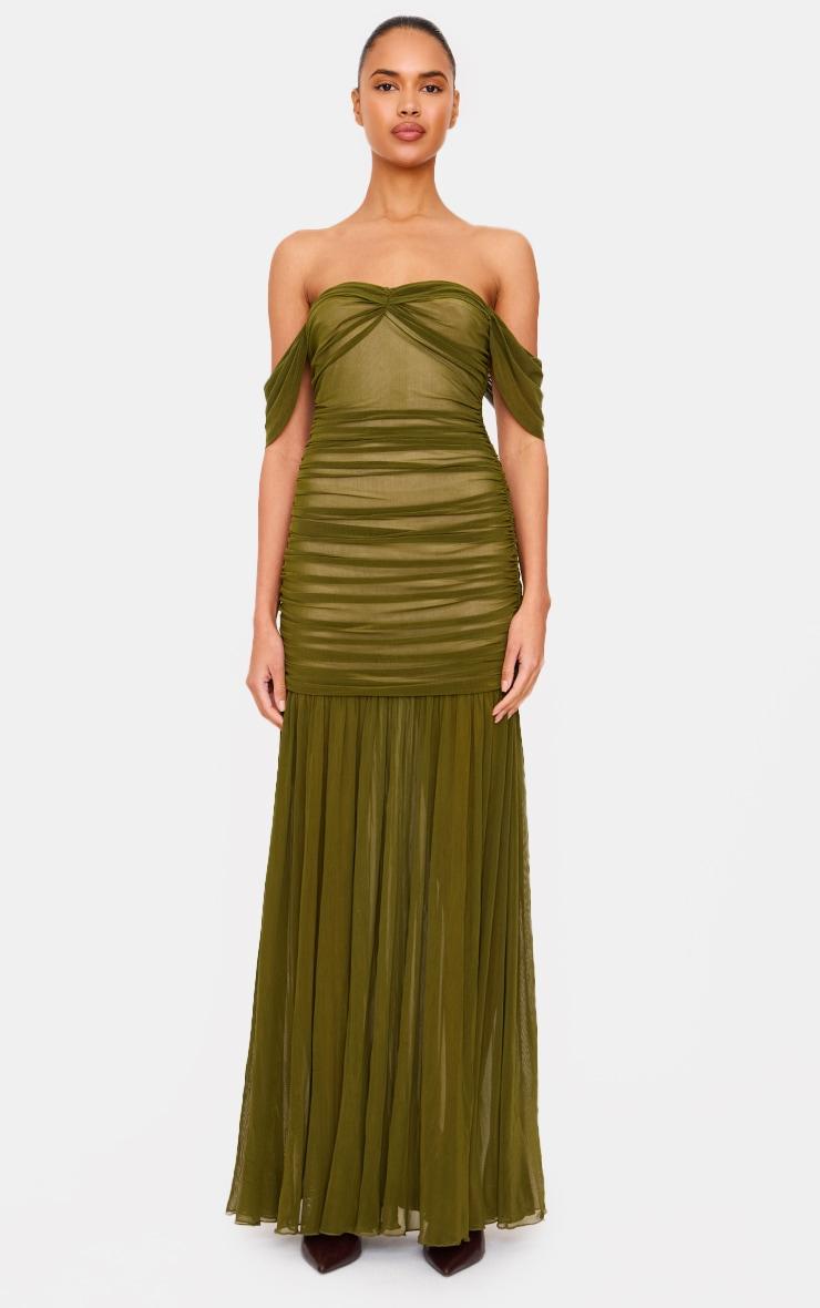 Olive Mesh Bardot Ruched Detail Maxi Dress Product Image