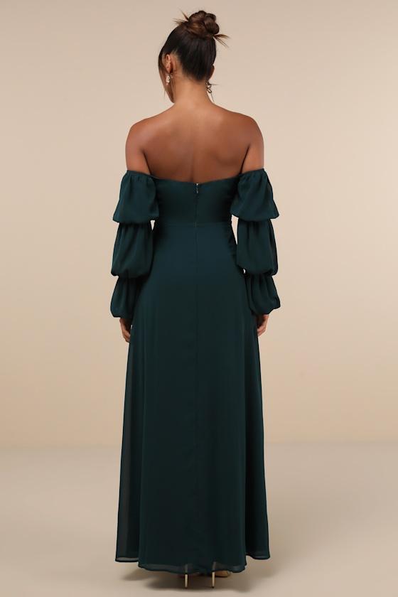 Demure Aura Emerald Tiered Balloon Sleeve Off-the-Shoulder Dress Product Image