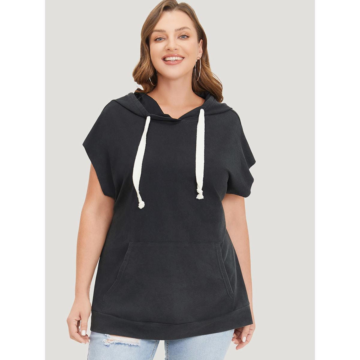 Plus Size Hooded Ties Pocket Batwing Sleeve T-shirt Black Women Casual Cross straps Plain Hooded Dailywear T-shirts BloomChic 10/M Product Image