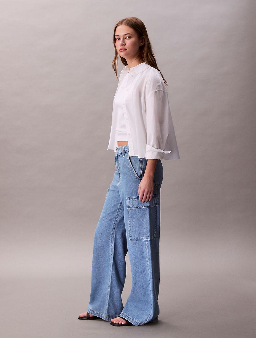 Tencel Blend Wide Leg Cargo Jeans Product Image