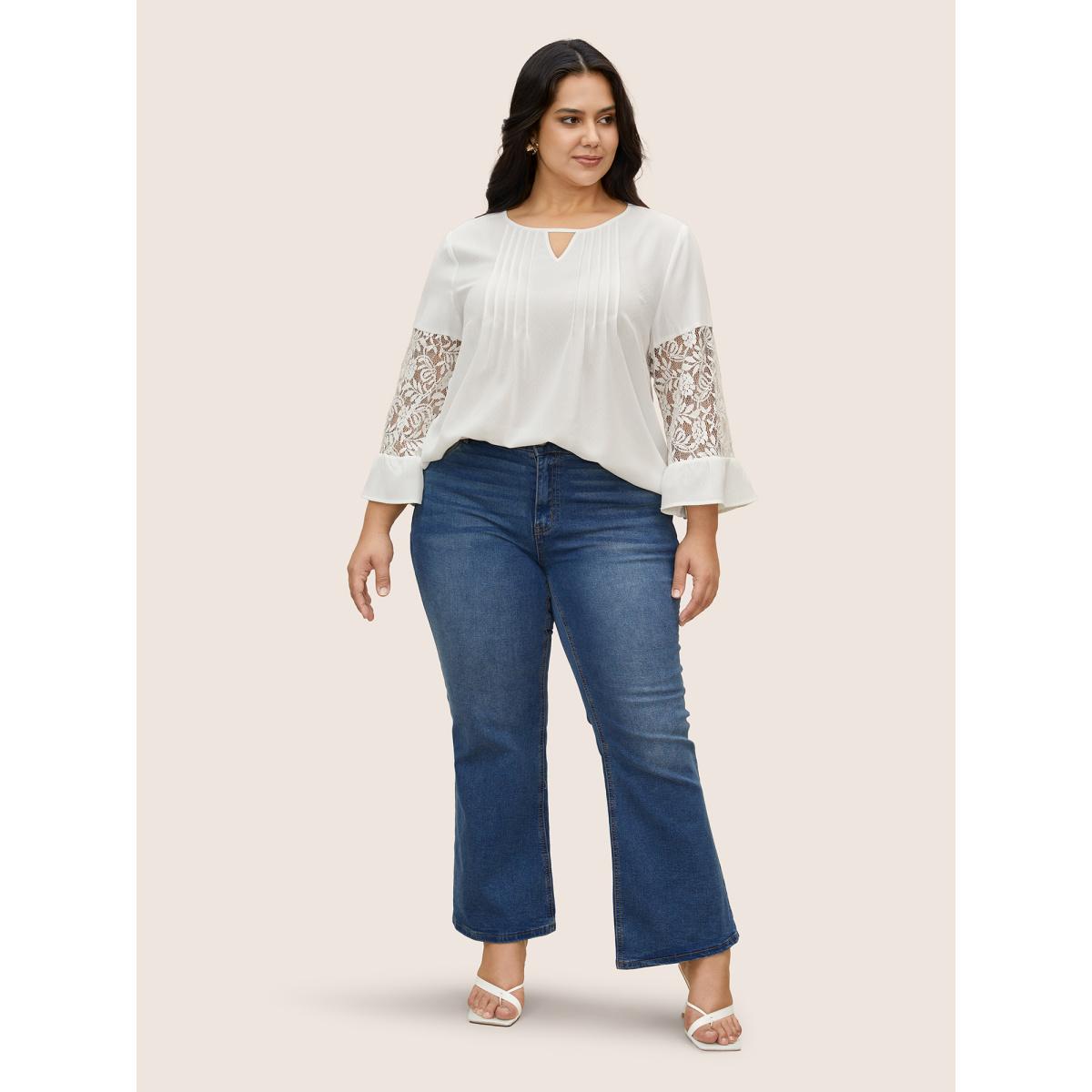 Plus Size White Crochet Lace Mesh Keyhole Pleated Blouse Women Elegant Elbow-length sleeve Notched collar Everyday Blouses BloomChic 14-16/1X Product Image