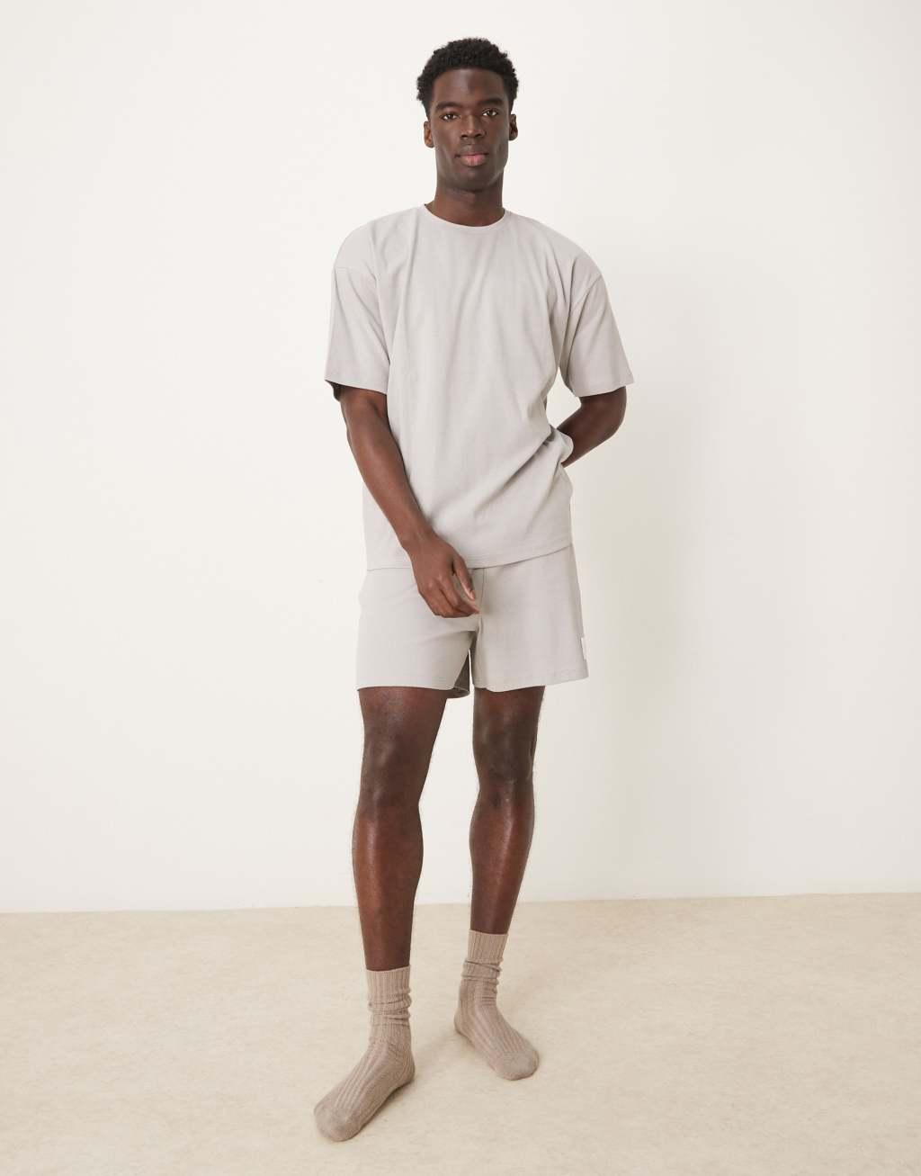 ASOS DESIGN ribbed T-shirt and shorts lounge set with embroidered patch in gray Product Image