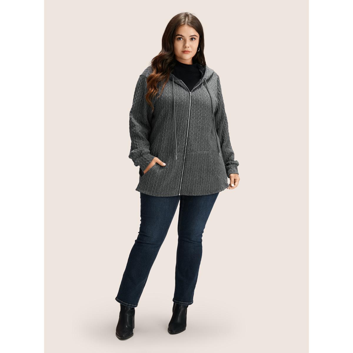 Plus Size Plain Textured Zipper Hooded Sweatshirt Women DimGray Casual Non Hooded Everyday Sweatshirts BloomChic 10/M Product Image