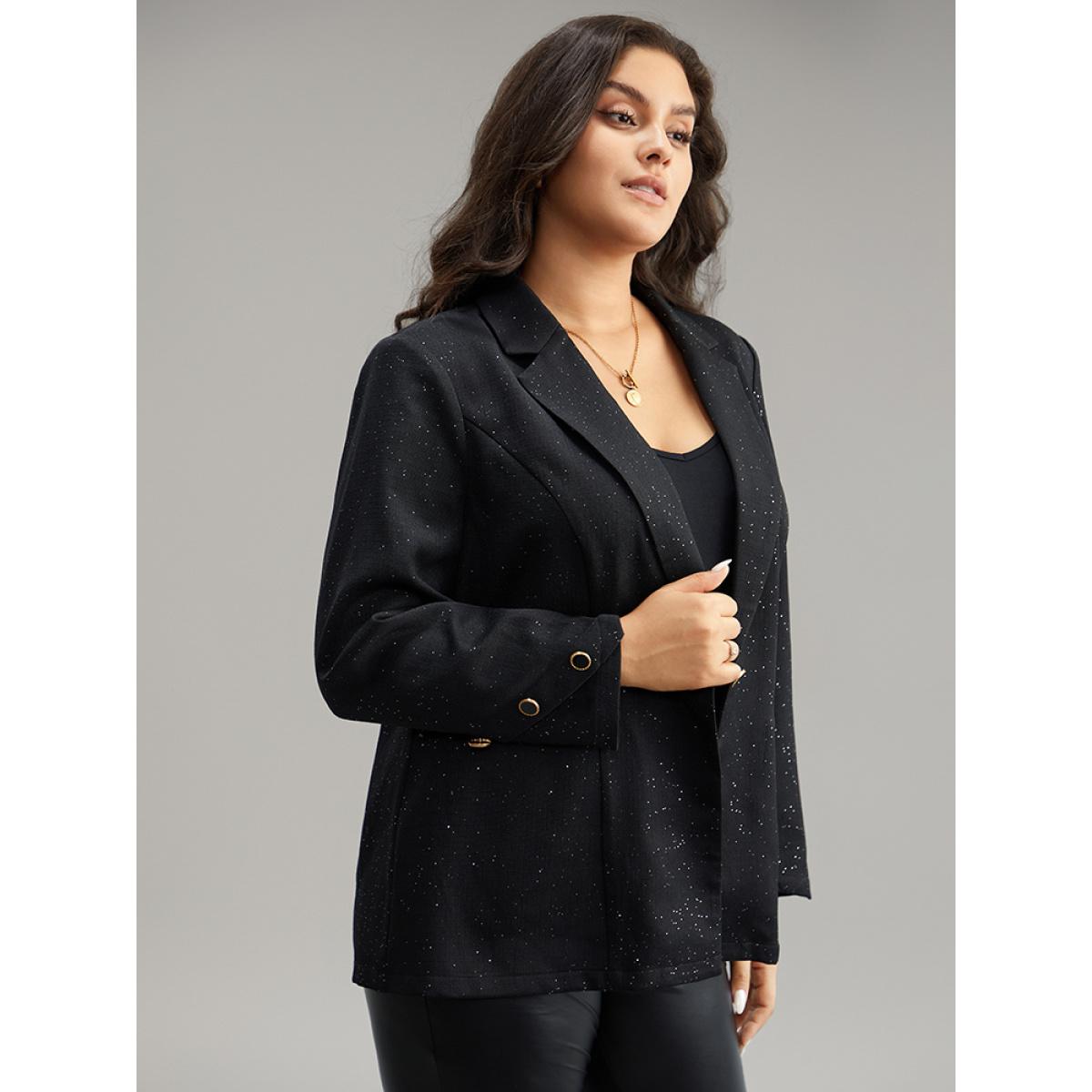 Plus Size Glitter Suit Collar Button Detail Blazer Black Women Work Plain Plain Sleeve Long Sleeve Suit Collar 22-24/3X Pocket At the Office Blazers BloomChic Product Image