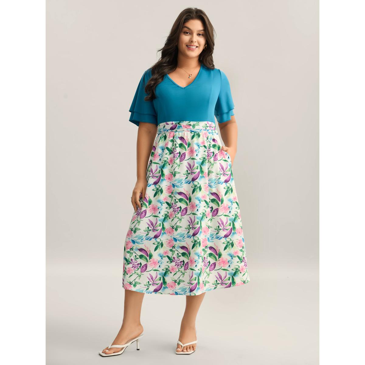 Plus Size Floral Print Layered Stretchy Waist Midi Dress Cerulean Women V-neck Short sleeve Curvy BloomChic 12/L Product Image