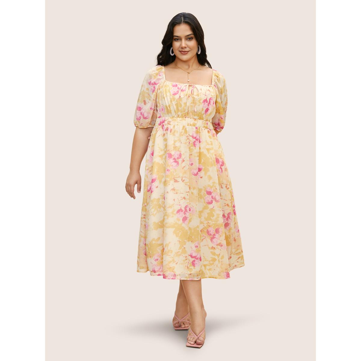 Plus Size Watercolor Floral Cross Straps Gathered Dress Lightyellow Women Elegant Gathered Square Neck Half Sleeve Curvy BloomChic 14-16/1X Product Image