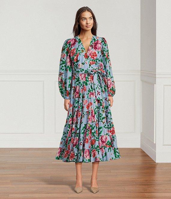 Gibson & Latimer Woven Floral Print Poplin V-Neck Long Blouson Sleeve Tie at Side Wrap A-Line Flounce Midi Dress Product Image