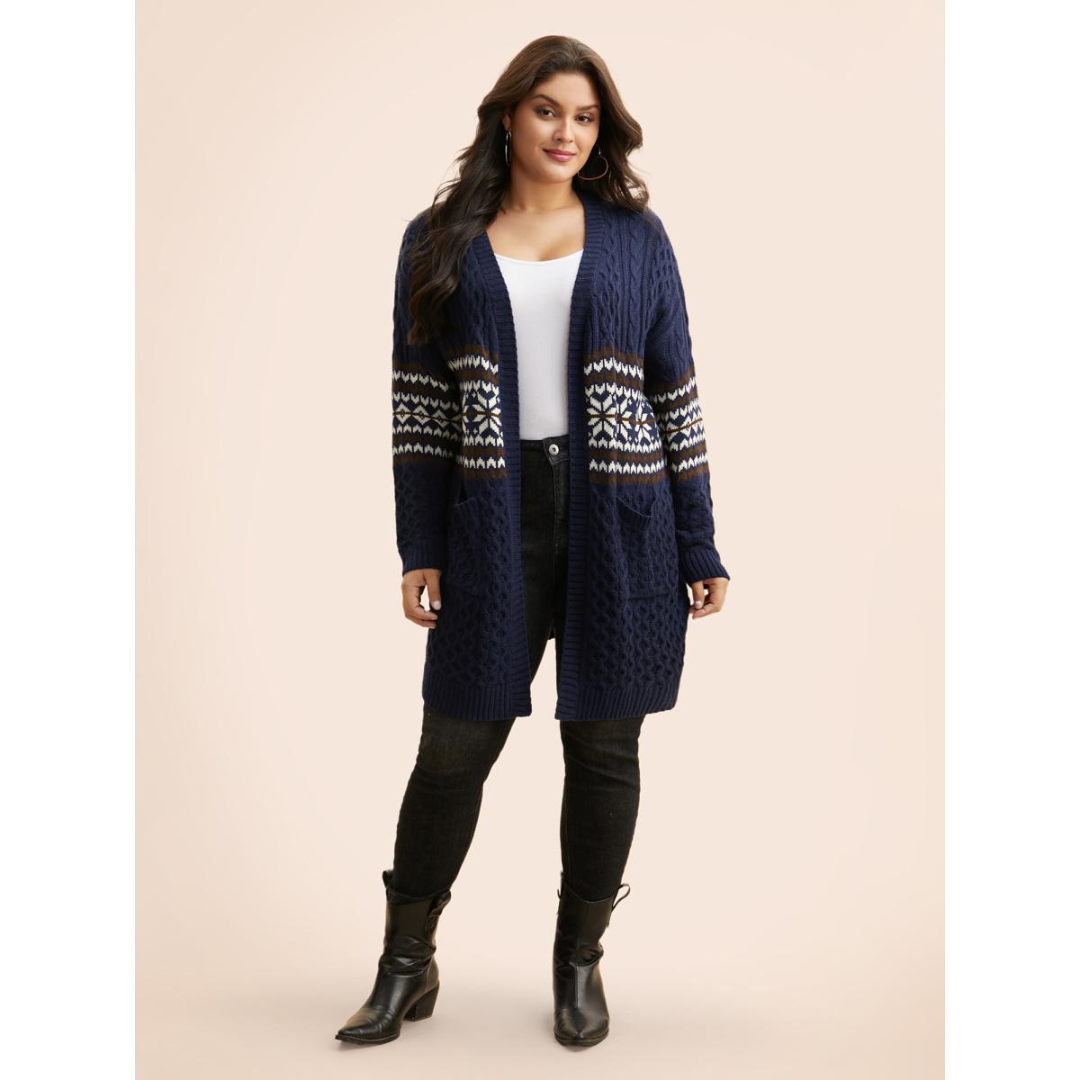 Plus Size Bandana Cable Knit Contrast Pocket Cardigan Midnight Women Casual Loose Long Sleeve Everyday Cardigans BloomChic 26/4X Product Image