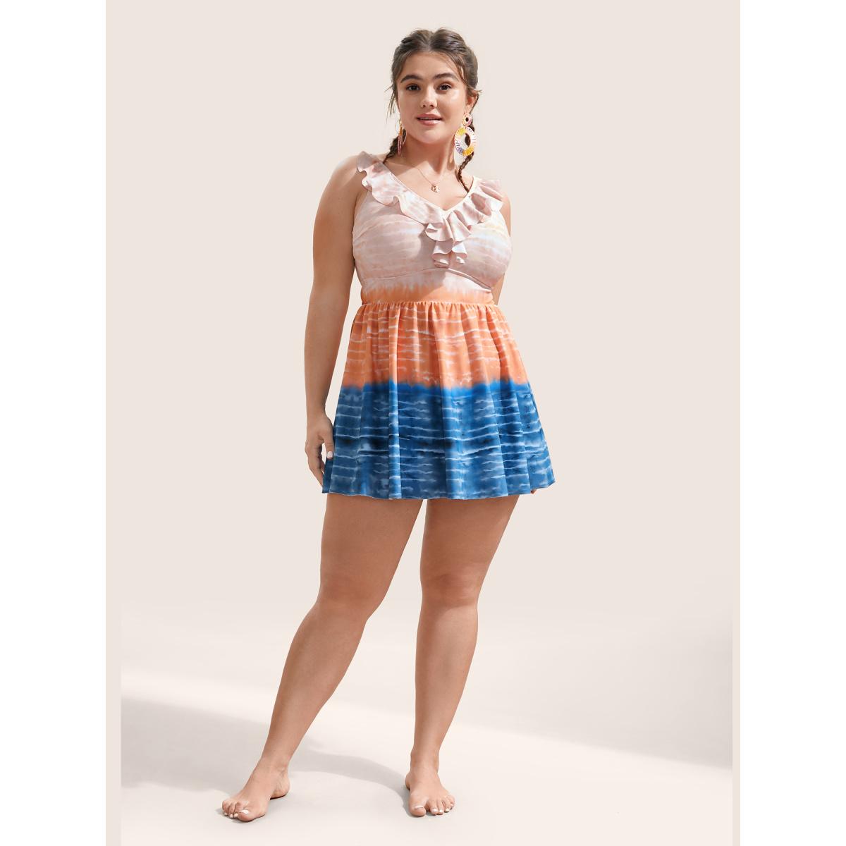 Plus Size Tie Dye Contrast Ruffles Trim Swim Dress Women's Swimwear Multicolor Beach Bodycon V-neck High stretch Curve Swim Dresses BloomChic 10/M Product Image