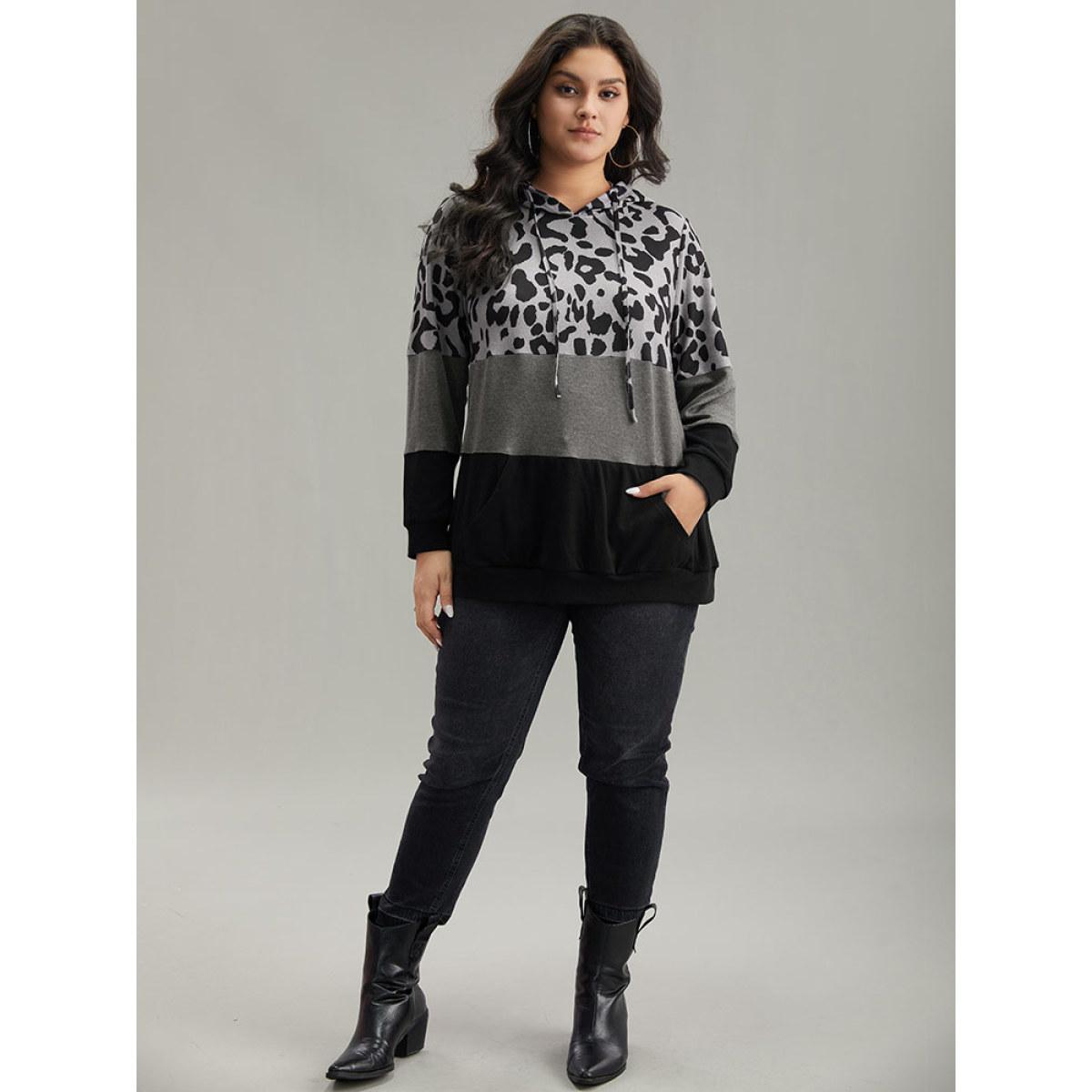 Plus Size Leopard Colorblock Contrast Hooded Drawstring Sweatshirt Women Black Casual Contrast Hooded Dailywear Sweatshirts BloomChic 10/M Product Image