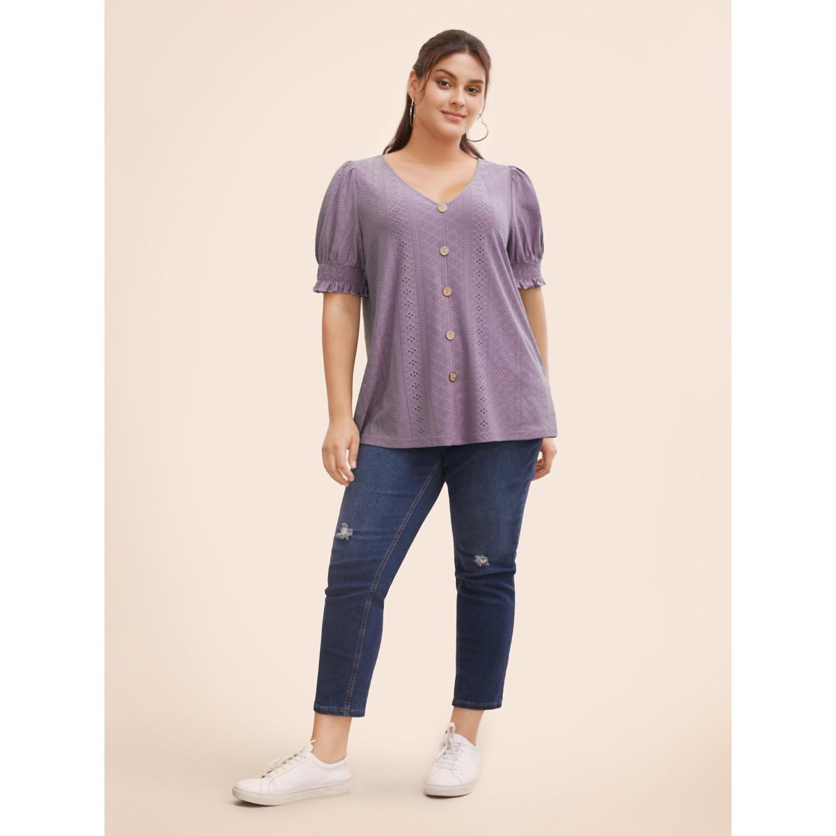 Plus Size Plain Broderie Anglaise Shirred Puff Sleeve Button Detail T-shirt Mauve Women Casual Button Plain V-neck Everyday T-shirts BloomChic 18-20/2X Product Image