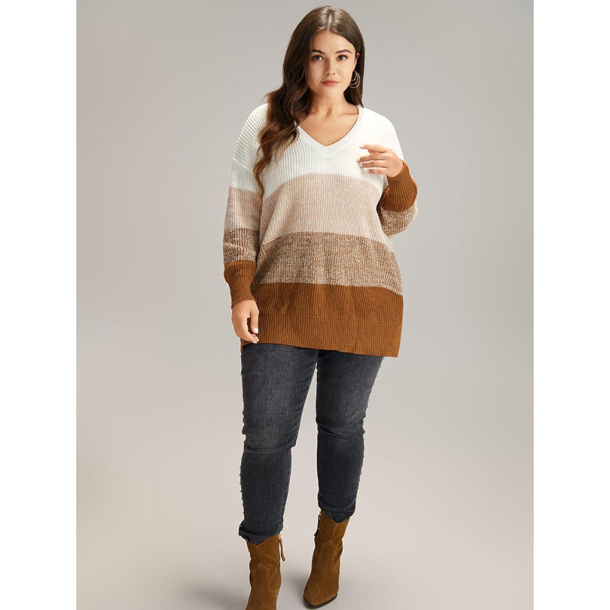 Plus Size Heather Split Side Contrast V Neck Pullover Multicolor Women Casual Loose Long Sleeve V-neck Dailywear Pullovers BloomChic 30/6X Product Image