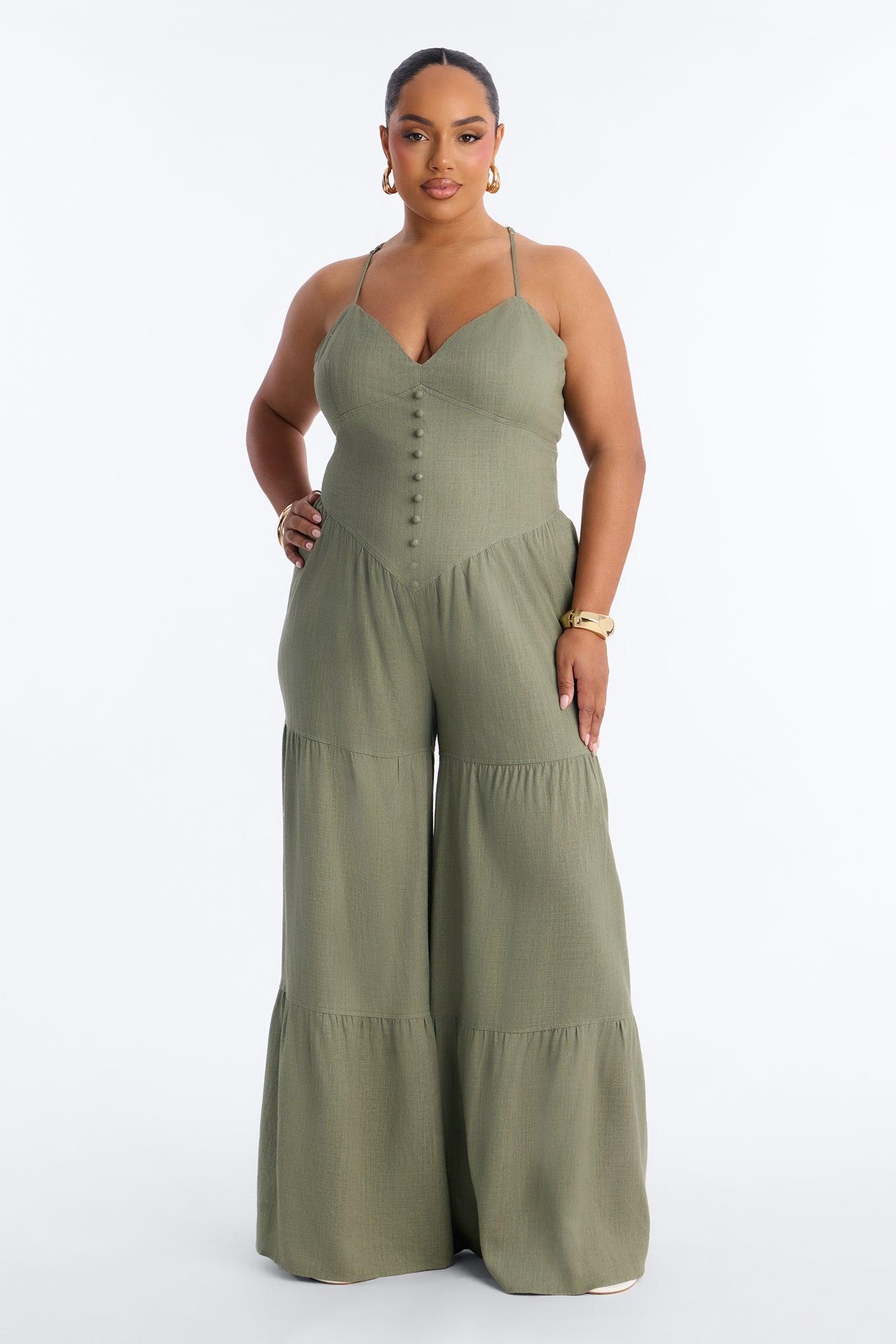 Belle Denim Tiered Wide Leg Jumpsuit - Olive Female Product Image