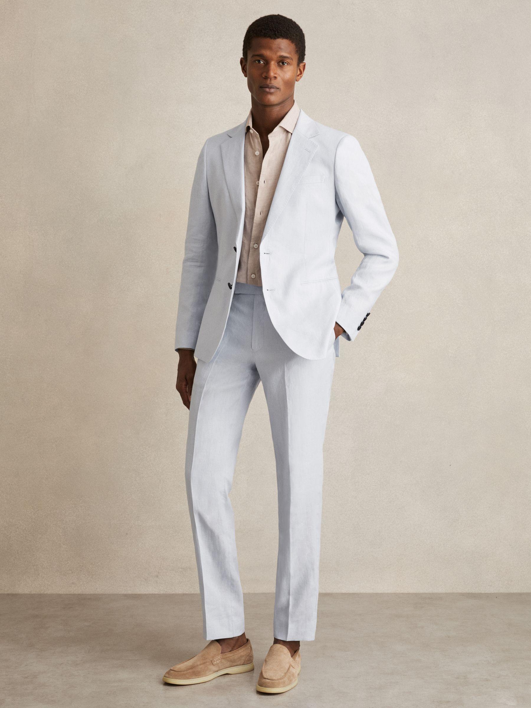 Slim Fit Single Breasted Linen Blazer in Soft Blue Product Image