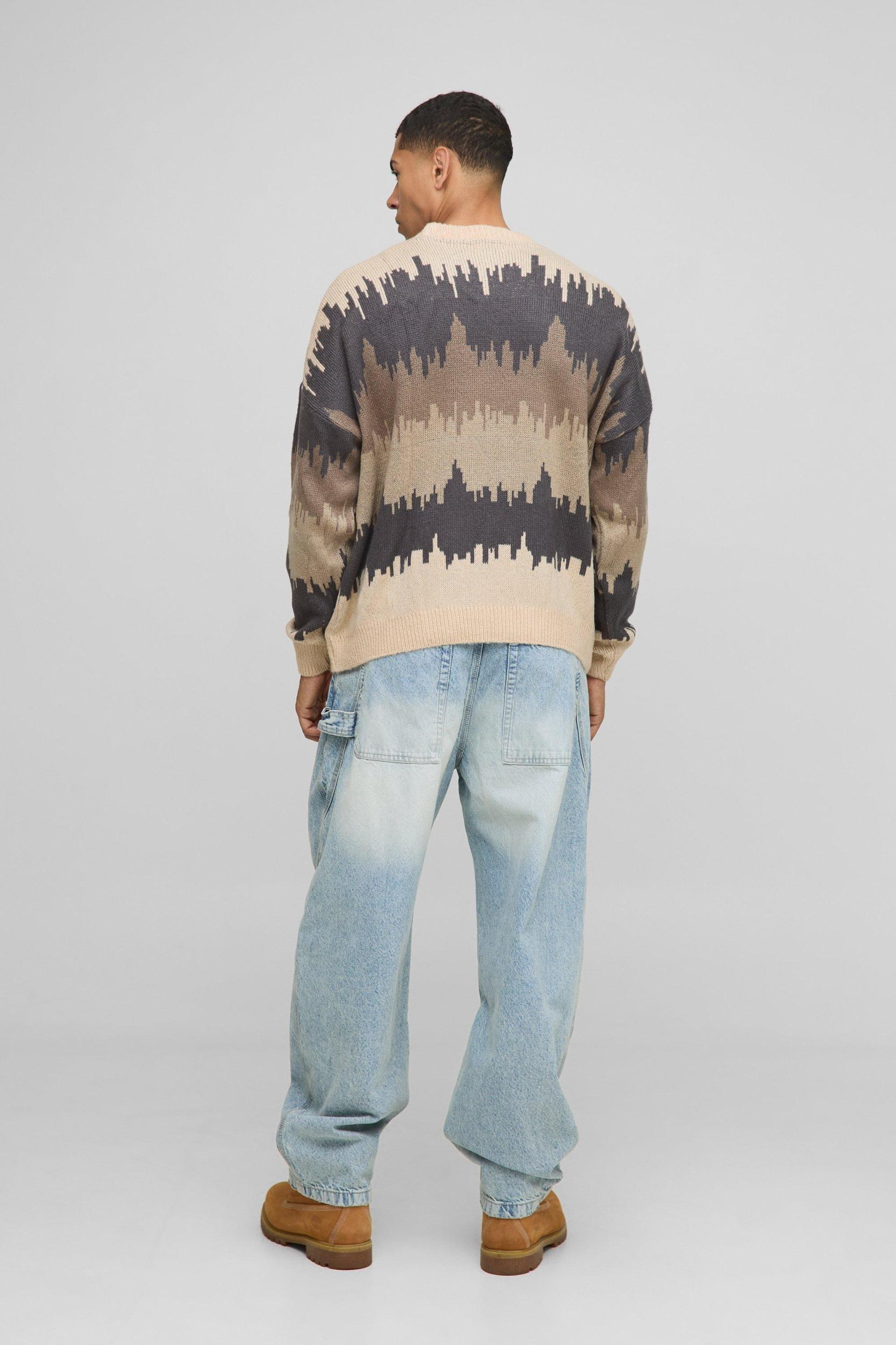 Oversized Boxy Dropped Shoulder Brushed Abstract Knitted Sweater | boohooMAN USA Product Image
