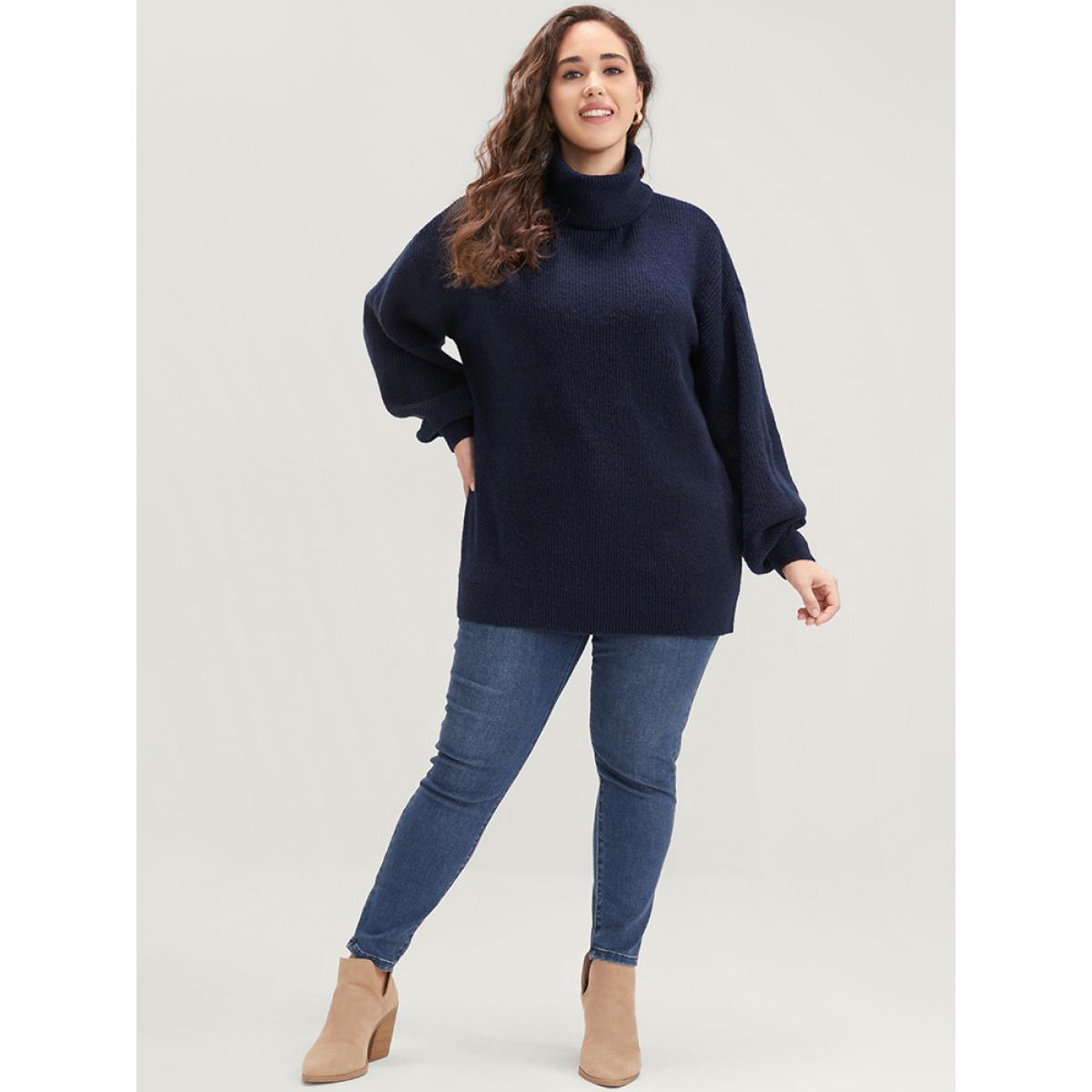 Plus Size Solid Rib Knit Lantern Sleeve Funnel Neck Sweater Midnight Women Elegant Loose Long Sleeve Turtleneck Dailywear Pullovers BloomChic 18-20/2X Product Image