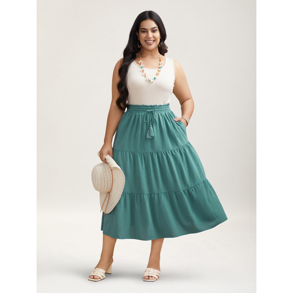 Plus Size Smocked Waist Lace Tiered Midi Skirt Women Turquoise Resort Gathered No stretch Side seam pocket Vacation Skirts BloomChic 14-16/1X Product Image