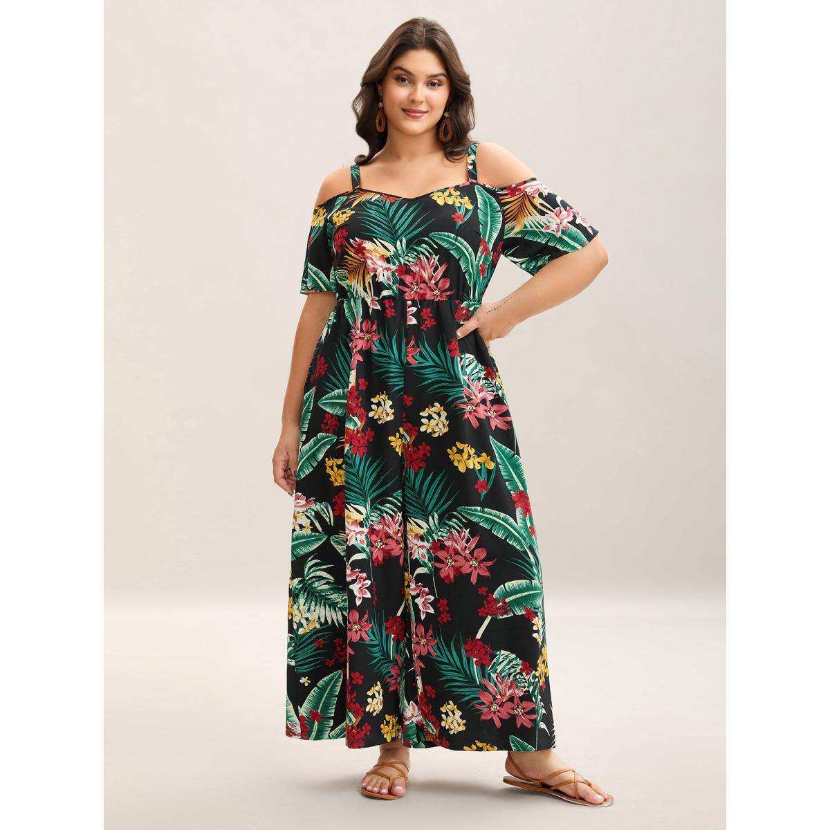 Plus Size Black Large Floral Pattern Pockets Jumpsuit Women Short sleeve Heart neckline Vacation Loose Jumpsuits BloomChic 22-24/3X Product Image