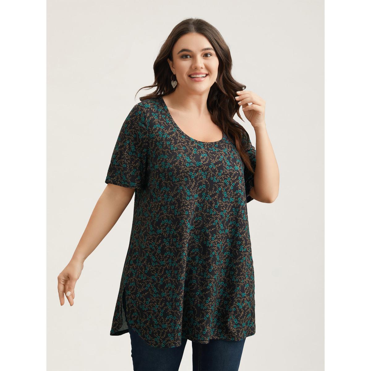 Plus Size Floral Print Round Neck Slit T-Shirt Multicolor Women Elegant Contrast Natural Flowers U-neck Loose Everyday T-shirts BloomChic 28/5X Product Image