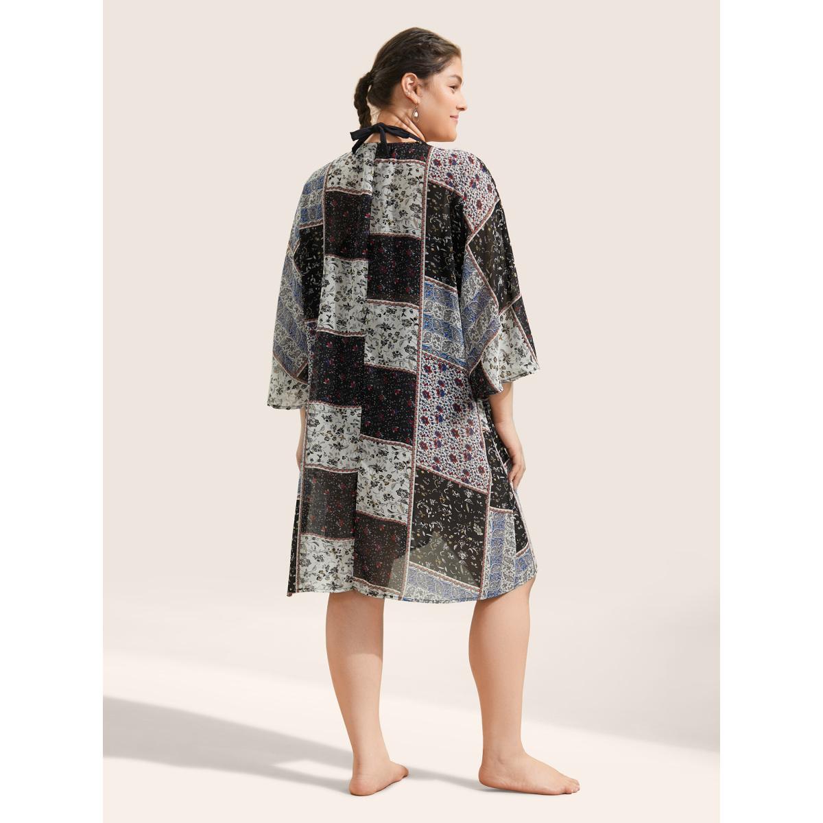 Plus Size Bandana Lace Panel Ties Patchwork Mesh Kimono Women BlackFlower Resort Woven ribbon&lace trim Vacation Kimonos BloomChic 14-16/1X Product Image
